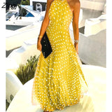 Women Elegant Polka Dot Print Chiffon Pleated Maxi Dress Boho Style Sleeveless Beach Wear Sexy Holiday Dress Long Dress
