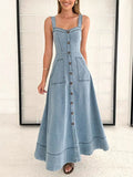 Temperament Dress 2025 Autumn And Winter New Single-Dlong Denim Pocket Slim Thin Sling Dress