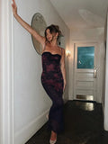 Sexy Elegant Spaghetti Strap Floral Print Maxi Dress Lace Up Bodycon Prom Party Dresses Backless Women Formal