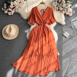 Summer New Temperament V-Neck Elasticity To Collect The Waist Of The Long Seaside Vacation Beach Chiffon Dress