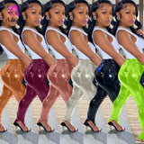 Women Faux Leather Zipper Pants Skinny Leggings High Waist Pencil PU Trousers Draped Streetwear Night Club Party