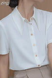 Women's Shirts Summer Pointed Neck Shirt Fashion Silk White Shirt Short Sleeve Blouse Womens Tops Elegant Female