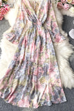 Autumn Women Floral Long Dress Vintage V-Neck Flare Sleeve Backless High Waist A-Line Big Swing Maxi Vestidos New