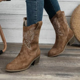 Women's Boots 2025 Autumn/Winter New V-Mouth Embroidery Sleeve Coarse And Knight Boots Vintage Mid-Cute Headed Western Cowboy
