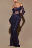 Women's Perspective Evening Dress Dress Sexy Long-Term Repair Shoulder Woman