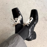 Literary And Art Square Head Small Leather Shoes 2025 New High-End Thick Front Lace Wearing Temperament Single Shoes