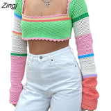 Women Summer Crop Tops Splicing Crochet Square Neck Long Sleeves Knitted T-shirt Tops 2023 Streetwear for Girls
