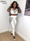 Summer Sporty Tracksuit 2 Piece Set Women Sleeveless Hole Patchwork Skinny Activity Tank Tops+Leggings Matching
