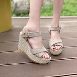 Buckle With Hemp Rope Comfortable Summer New Sloped Sandals Cross Fish Mouth Water Table High Heels Women's