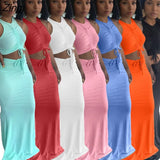 Women Sets Ruched Drawstring Sleeveless Tank Crop Top and High Waist Mermaid Maxi Skirt Set for Women Elegant Two Piece