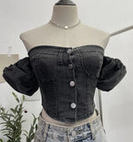 Real Shot Shoulder Bubble Short Sleeves Denim Shirt Design Hot Girl Collar Small Short Top