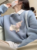 Goat Round-Neck Blue Sweater Women's Autumn And Winter New Three-Dimensional Bow Short Soft Glutinous Knitted Shirt