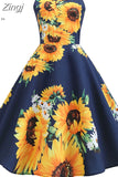 Women Dress Sexy Sunflower Print Tunic Beach Dress Sundress White Spaghetti Strap Swing Vintage Rockabilly
