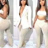 Two Piece Set Office Lady Bubble Bead Sheer Mesh Jacket Coat + Long Pants Tracksuit Clothes For Women