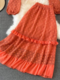 Lace Two Piece Set Vintage V-Neck Puff Long Sleeve Short Blouse + High Waist A-Line Ruffle Skirt Female