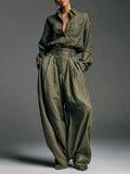 Women's Shirt Trousers Two-Piece Open Shirt Long Sleeves Loose Fashion Sex Style Retro Women