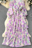 Autumn Women Floral Ruffle Long Dress Bohemian Vacation Beach Maxi Robe Female Elegant V-Neck Lantern Sleeve Robe