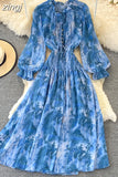 Women Printed Long Dress Vintage Ruffle Stand Collar Puff Sleeve High Waist Elegant Maxi Robe Female Big Swing