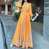 Court Style Trumpet Long Sleeve Clapping Waist Single Buckle A Word Positioning Print Dress Dress Dress