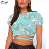 Women’s Fashion Printing Slim Short T-shirt Short Sleeve Backless Drawstring Lace-up Bandage Crop Tops Summer Basic