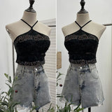 Shooting Spice Girls Letter Printing To Make Old Hole Hanging Neck Sling Vest Short With Chest Cushion Top