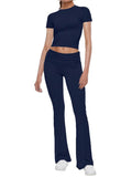 Short Sleeve Cropped Top Fold-over Flare Pants Set- Outfit