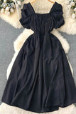 Vintage Women Square Collar Draped Dress Eleagant Puff Short Sleeve High Waist A-Line Knee-Length Robe Female New