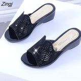 new women's slippers comfortable breathable wedge with thick bottom versatile mesh rhinestone slippers