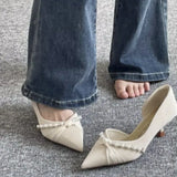 Women 2025 Summer New Fairy Wind Silk Satin Side Air With Fine Heel Tip Pearl Kinned Single