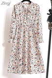 Women Casual Spring Autumn Dress Korean Style Vintage Floral Printed Shirt Dress Long Sleeve Elegant Bow Midi Summer