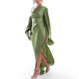 Women's Oblique Shoulder Dress Solidly Exposed Shoulder Repair Fork Horn Sleeve