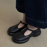 New Retro Simple Round Head Thick-Soled Mary Treasure Shoes Lady Commute Black Small Leather Shoes Single