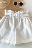 Women Casual High Waist Loose Cotton Short Pants 2023 Summer Elegant Sweet Girls All-Match Wide Leg Shorts With Belt