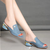 Women's Coarse Heel Heel Women's Shoes Soft Leather Cool Slippers Wearing Fashion Fish Mouth Large Size Lady Cool