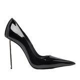 Women's Black Patent Leather Gold Fine Heel 2025 New Famous Women's Shoes Shallow Tip Small Single