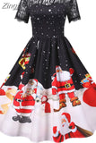 Christmas Dress Women 2023 New Short Sleeve Print High Waist Elegant Vintage Winter Xmas Party Sundress 3XL