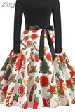 Dress Women Autumn Winter Long Sleeve High Waist Printed Vintage Party Sundress Elegant Xmas
