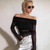 Autumn And Winter New Women's Clothing Pure Color Repair Fashion One Word Neck Net Yarn Long Sleeve
