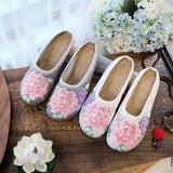 Zingj Single Slippers / Cotton Slippers Linen Peony Embroidered Round Head Flat Cloth Shoes Sandals Embroidered Women's