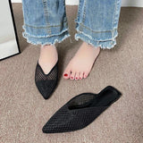 The Summer Of 2025, The New Net Red Pointed Flat Sandals Lazy Half-Dragging Fairy Wind Bag Head Net Black Slippers