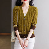 Zingj Spring And Autumn New V-Neck Sweater Coat Female Foreign Style Jacquard With A Small Loose Knit Cardigan-Outfit