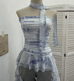 Shooting Spice Girls Irregular Lotus Leaf Side Ribbon With Non-Slip Strip Mesh Printing Chest Vest
