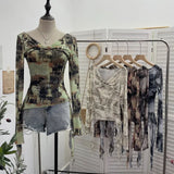 Shooting Strapped With Hollow Retro Print Long-Sleeved Mesh T-Shirt Ribbon Design Spring And Summer Top