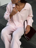And Winter Solid-Color Lap-Over Sweater Set Women's Loose Knit Polo Collar Sweater Broad Leg Pants