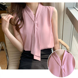 Women's Shirt Pink Ribbon Blouses for Women Sleeveless Summer Shirts Female Top V-neck Blouse Tops Female 2023 Woman Basic