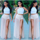 Women High Waist Mesh Skirts Empire See Through Sheer Side Split Skirt Solid Transparent Chiffon Maxi Long Skirt Summer