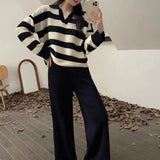 Vintage Lazy Wind High-End Softy Loose Stripe Collar Fashion Knitting Suit