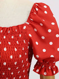 Dot Party Dress Elegant Women Summer Puff Short Sleeve Square Collar Elastic Waist Vintage Midi Sundress Casual