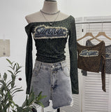 Girls Letter Sticker Leopard Long-Sleeved T-Shirt 2025 Autumn New Thin Short Top