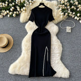 Zingj Senior Sense Dress Female Summer Sexy Sequins Slit Waist Show Thin Round Collar Short Sleeves In The Long Knit